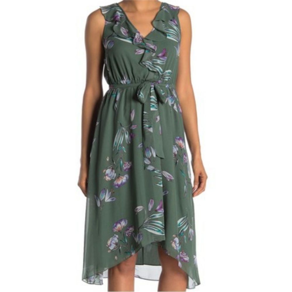 Rachel Roy Green Floral Dress July Sage Combo High‎ Low Hem Medium NWT